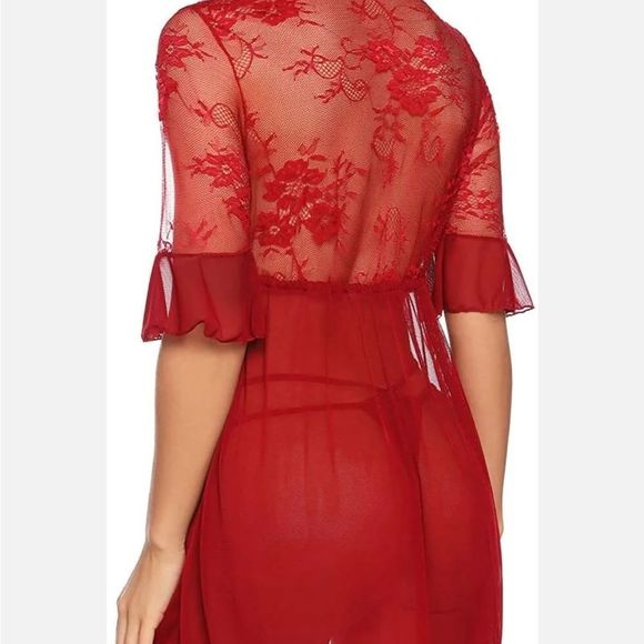 Women's Sexy Lingerie Babydoll Lace Chemise Sheer Mesh Open Front Sleepwear Set - Picture 5 of 6